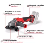 Minipulidora Inalambrica Einhell 4.5Pulgada AXXIO Brushless 18-115 Q, 4431150 caracteristicas