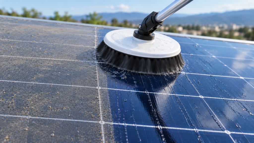 Cepillo giratorio limpiando un panel solar: a un lado la superficie sucia y al otro el vidrio limpio con agua corriendo